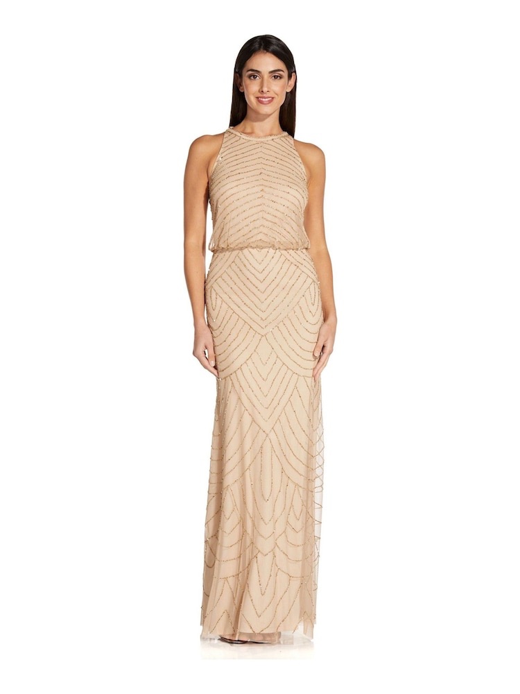 Adrianna Papell Halter Beaded Column Gown Biscotti Art Deco Mother Of Bride 8